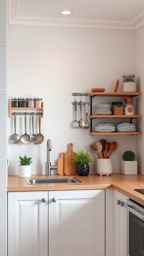 A small kitchen featuring wall-mounted organizers with spices, utensils, and decorative plants.
