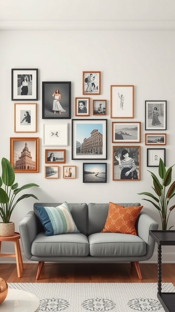 Cozy living room with a gallery wall of framed photos and artwork, featuring a gray sofa with colorful cushions and indoor plants.