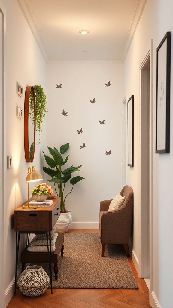 A narrow hallway featuring wall decals of birds, a plant, a small table with a lamp, and a cozy chair.