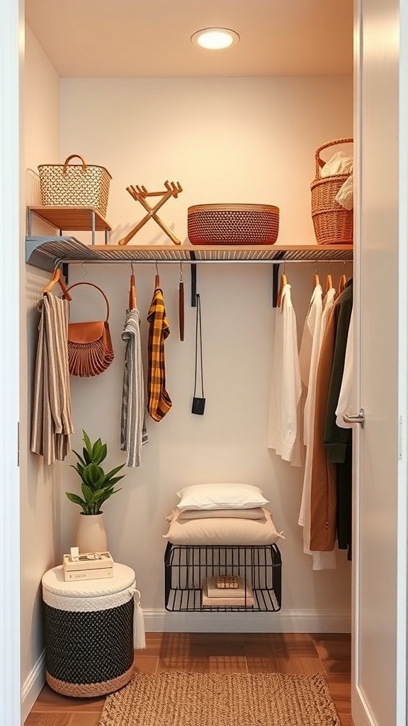 A small closet with shelves, hanging clothes, and decorative storage baskets.