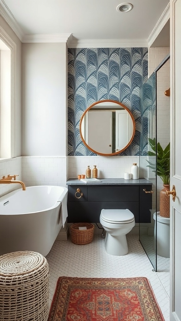 A beautifully remodeled bathroom with a statement wallpaper featuring blue patterns, round mirror, and modern fixtures.