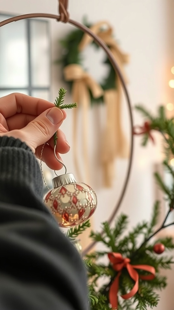 A hand placing a decorative ornament onto a wire frame for a wreath.