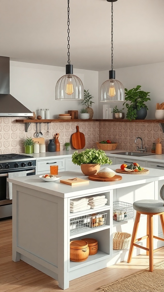 A modern kitchen island with fresh ingredients and a cozy atmosphere, perfect for meal prep.