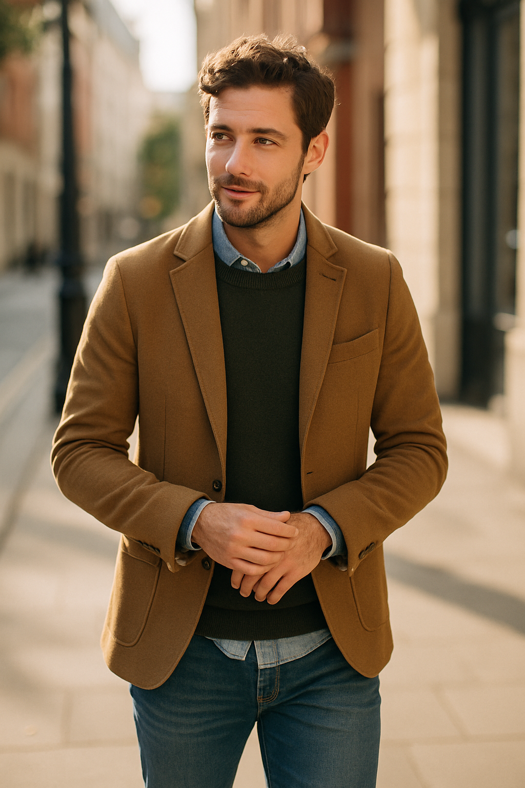 A man wearing a brown blazer over a green sweater and blue shirt, paired with denim jeans, walking in a city street.