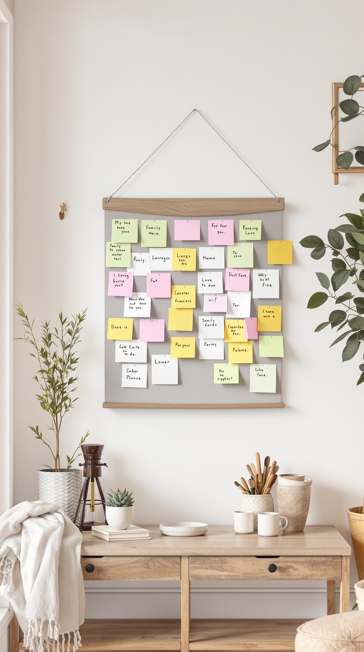 A family organization wall with colorful sticky notes for communication.