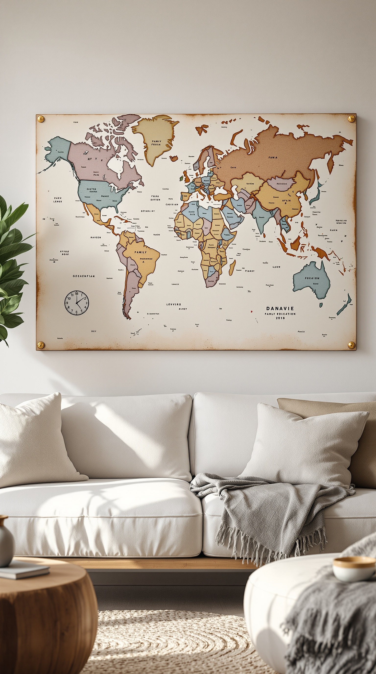 A travel planning map displayed on a wall, surrounded by a cozy living room setting.