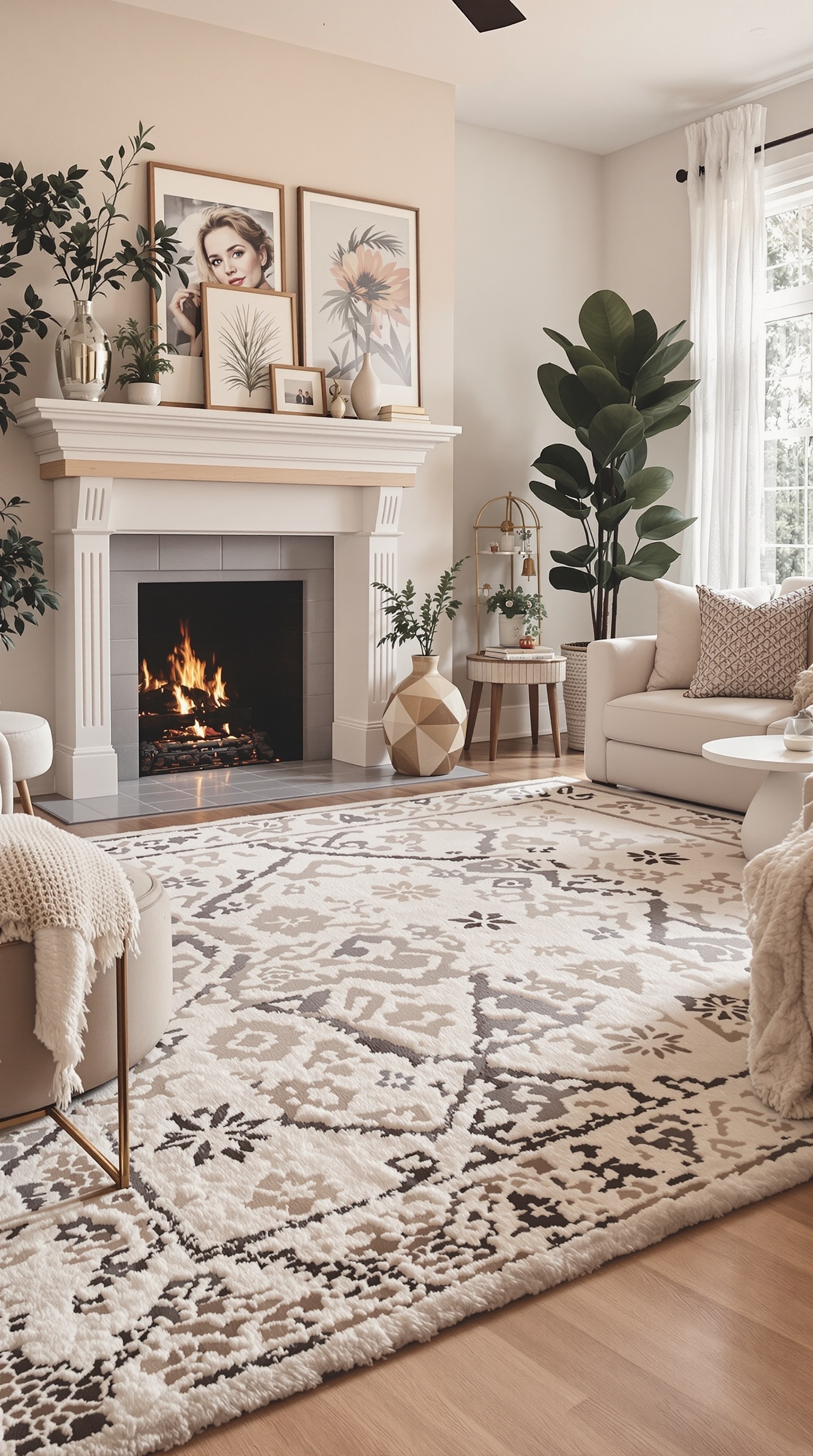 Cozy family room with a plush area rug, comfortable seating, and a warm fireplace.
