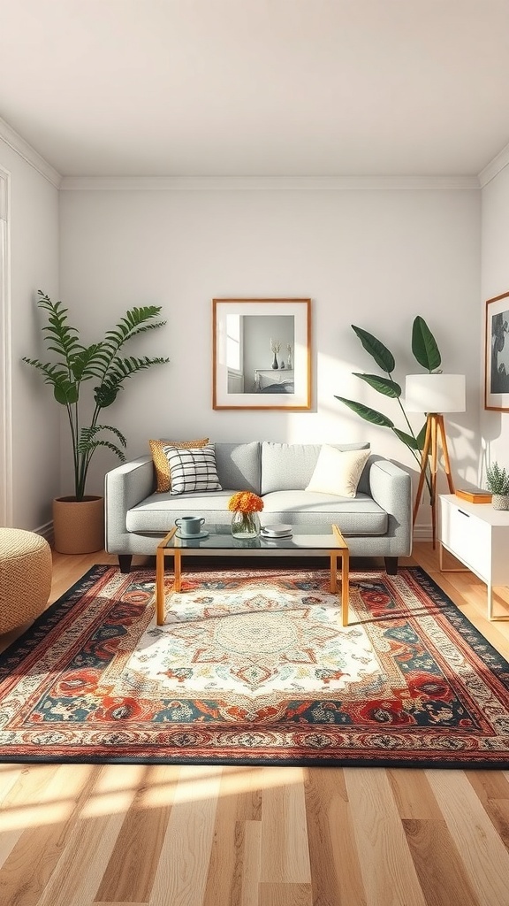 A cozy small living room with a decorative area rug, a gray sofa, and plants.