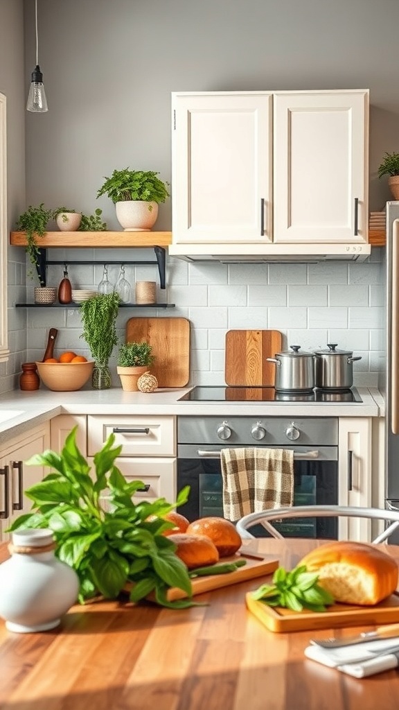 A cozy kitchen with fresh herbs and ingredients on the counter, showcasing a warm and inviting atmosphere.