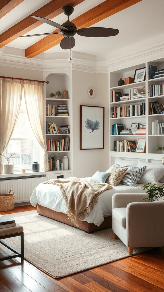 A cozy bedroom featuring a well-organized bookshelf filled with books and decorative items.