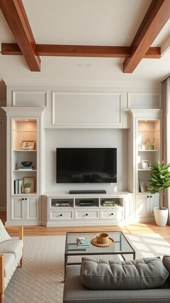 A living room with a built-in cabinet feature wall, showcasing a TV and decorative items.