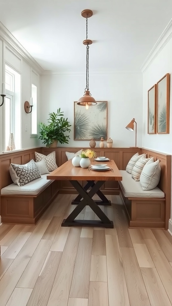 Cozy small dining room with built-in seating and a wooden table.