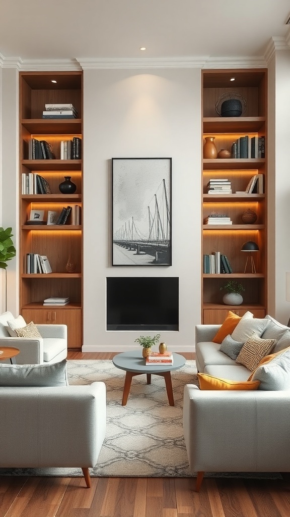 Cozy mid-century modern living room with built-in shelving, soft furniture, and warm lighting.