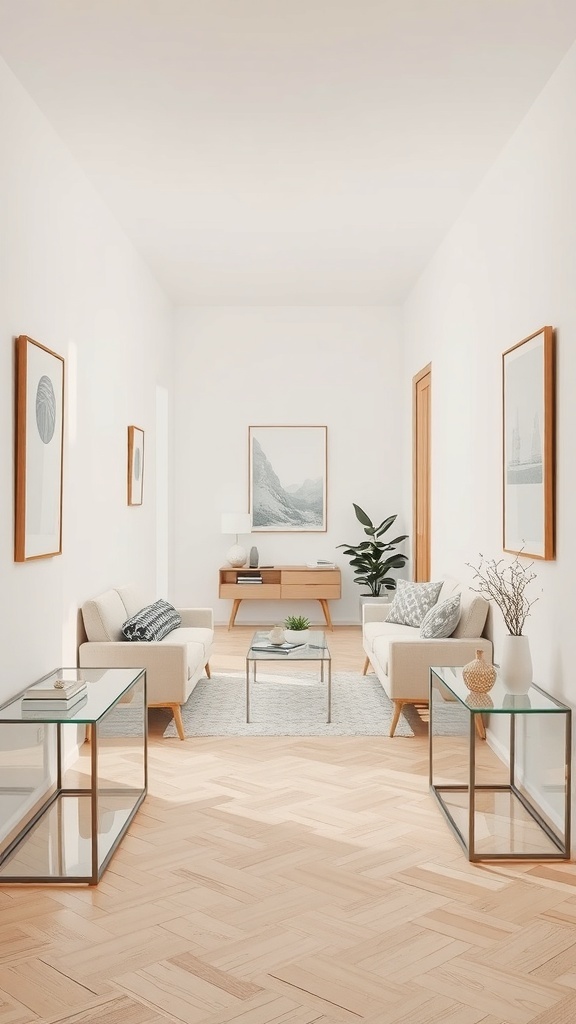 A bright hallway featuring clear glass furniture, light sofas, and decorative wall art.