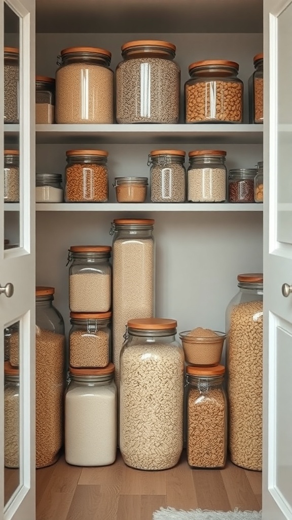 Organized pantry with clear jars containing various bulk items like grains and snacks.