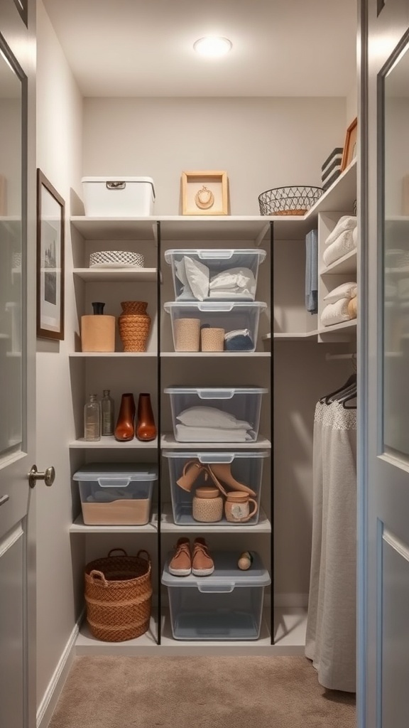 A small walk-in closet featuring clear storage bins, woven baskets, and neatly arranged shelves.