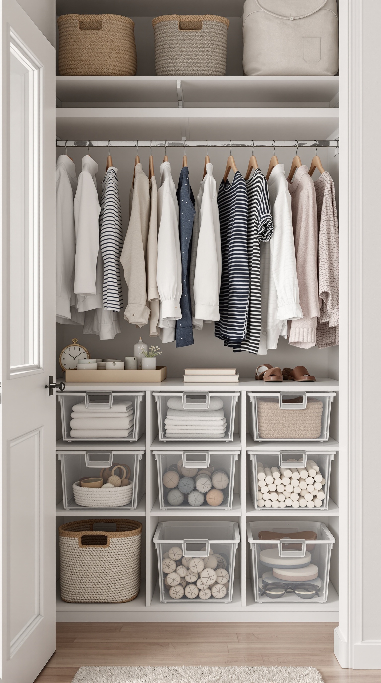 A well-organized toddler closet featuring clear storage bins, hanging clothes, and decorative baskets.