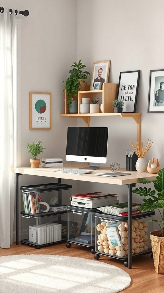 A modern desk setup featuring clear storage bins, a computer, and decorative items.