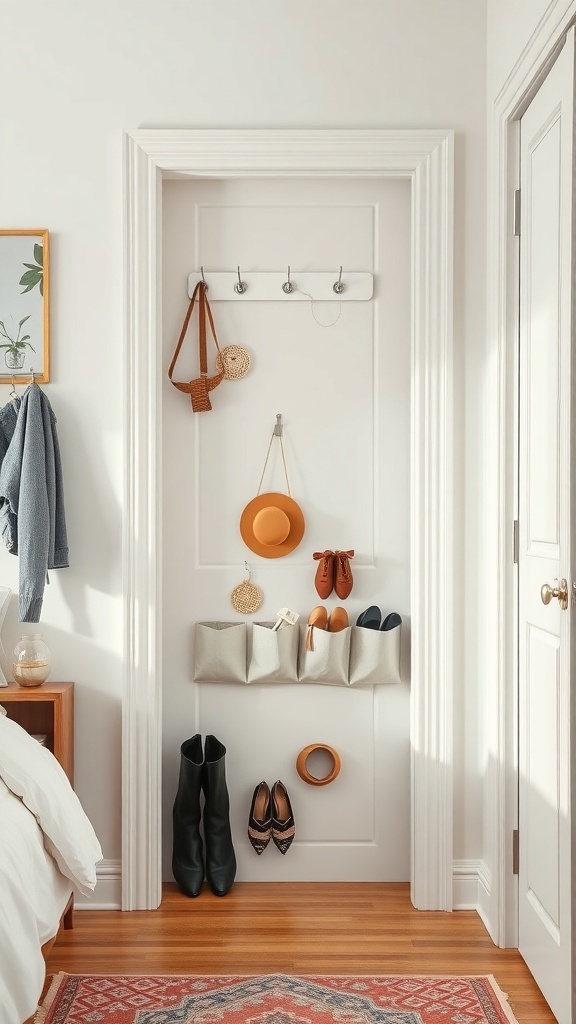 A closet door with hooks and a hanging organizer for shoes and accessories.