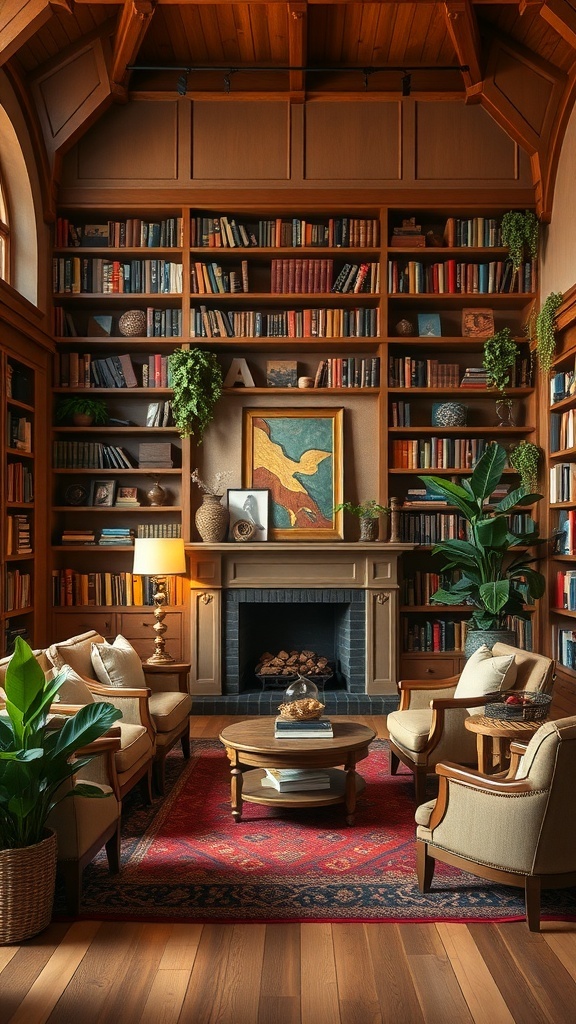 A cozy home library featuring wooden shelves filled with books, comfortable seating, plants, and warm lighting.