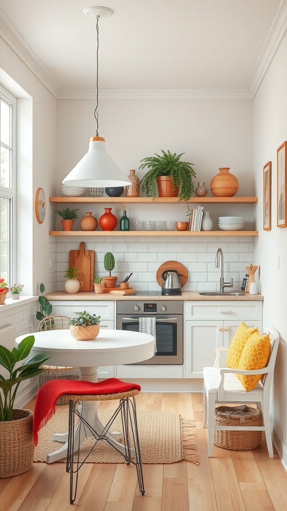 A small kitchen with colorful accents, featuring plants, vibrant decor, and a cozy dining area.