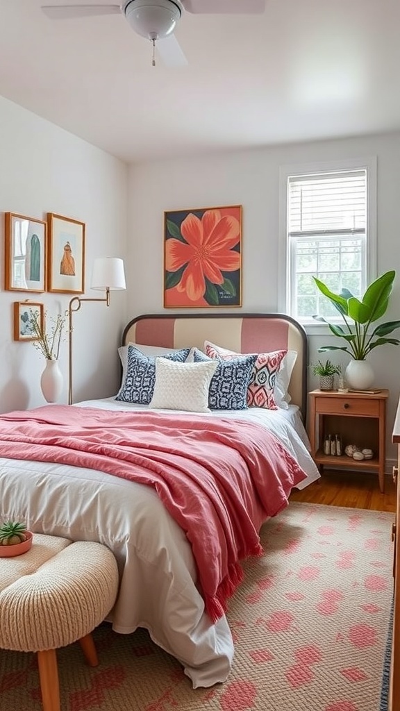 A cozy guest bedroom featuring colorful bed linens, a pink throw blanket, patterned pillows, and floral artwork.
