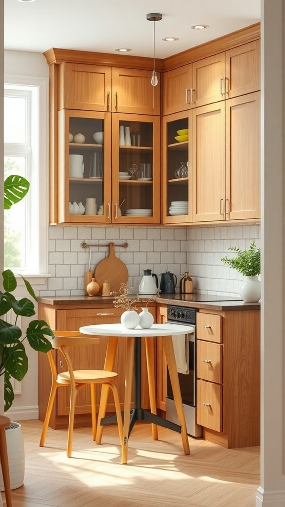 A cozy kitchen featuring effective corner cabinets with wooden finishes and a small dining table.