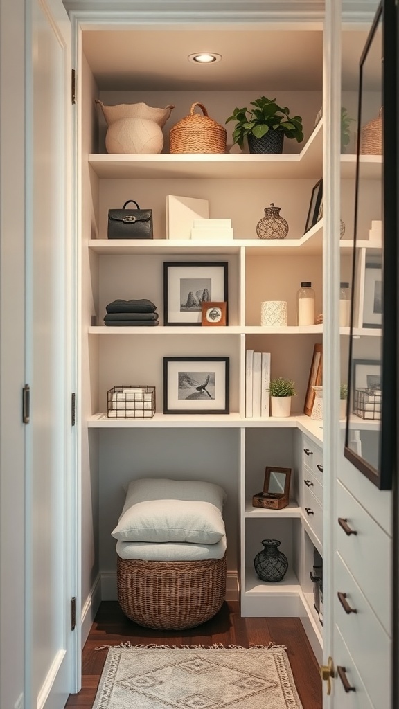 A well-organized small closet featuring corner shelves with decorative items and storage baskets.