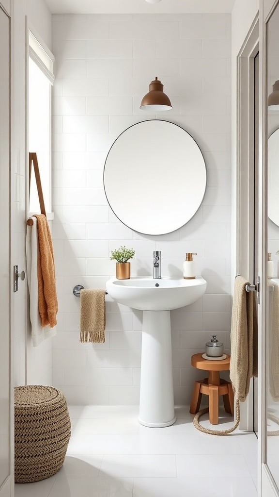 A narrow bathroom featuring a corner sink, round mirror, and stylish decor.