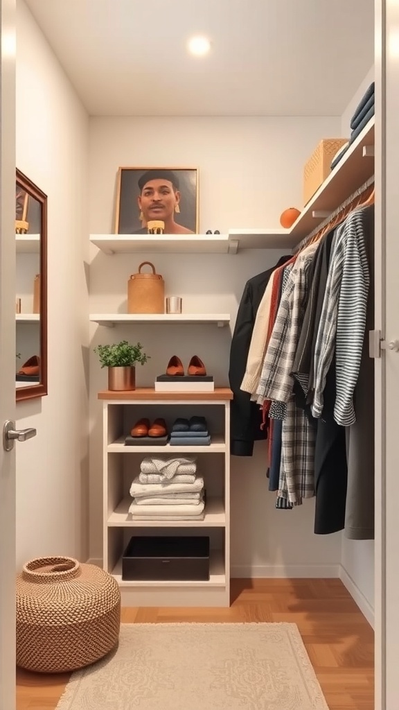 A small walk-in closet with shelves in the corner, showcasing organized clothes and accessories.