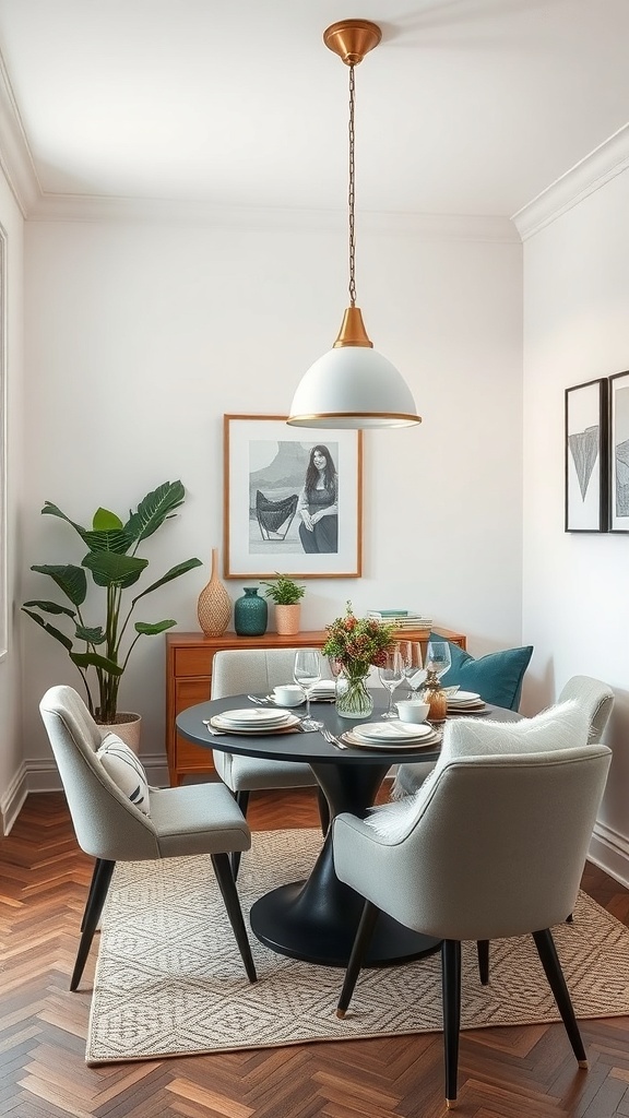 A small dining room with a round table, upholstered chairs, a plant, and wall art.