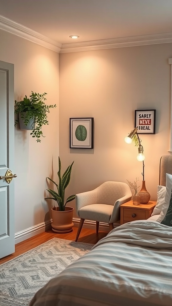 A cozy corner in a small bedroom featuring a chair, side table, plant, and artwork.