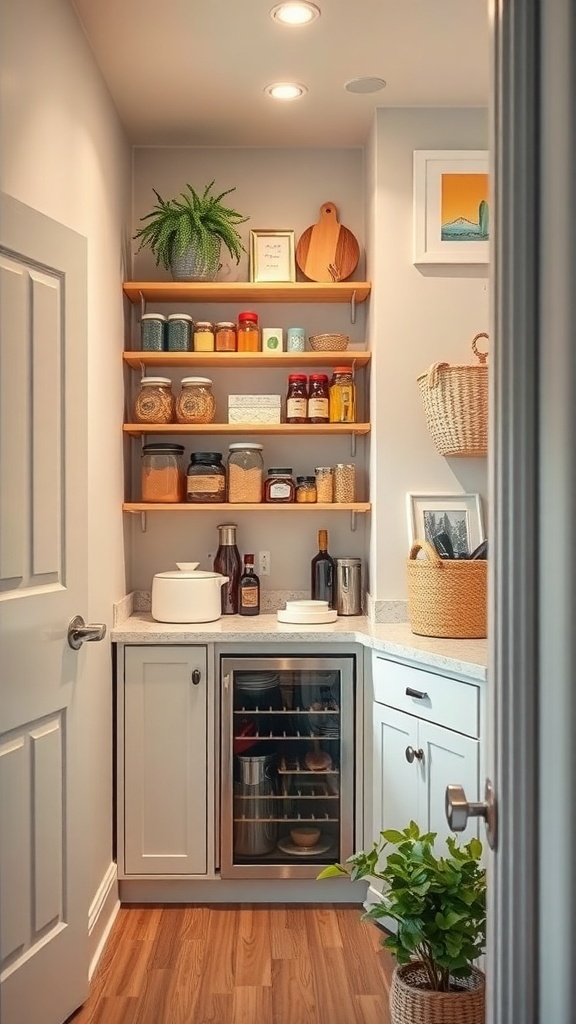 A small walk-in pantry with shelves, a fridge, and decorative elements.