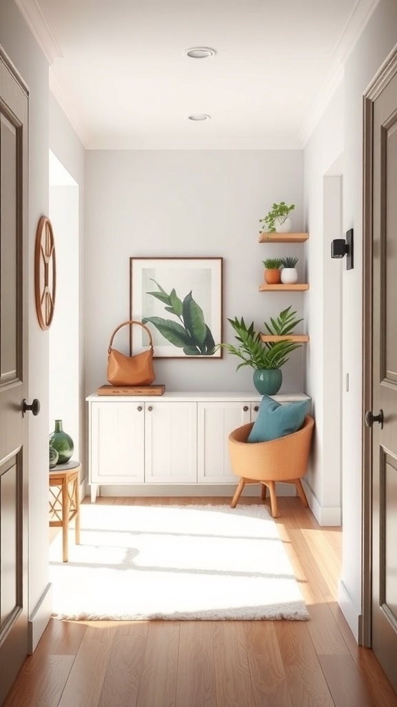 A small entryway featuring a cozy chair, a side table with a green vase, and floating shelves with plants and art.