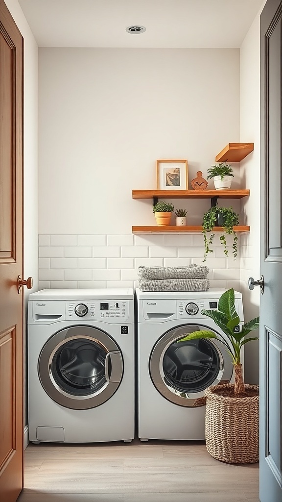 A small utility room featuring a washer and dryer with open shelves above for storage, decorated with plants and framed pictures.