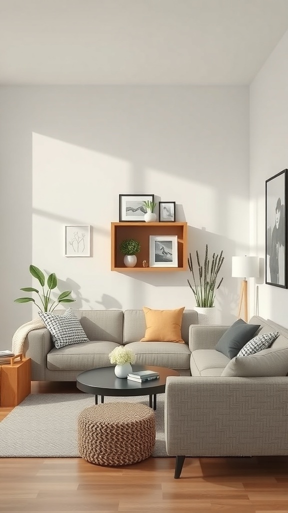A small living room with a sectional sofa, coffee table, and wall-mounted shelf.