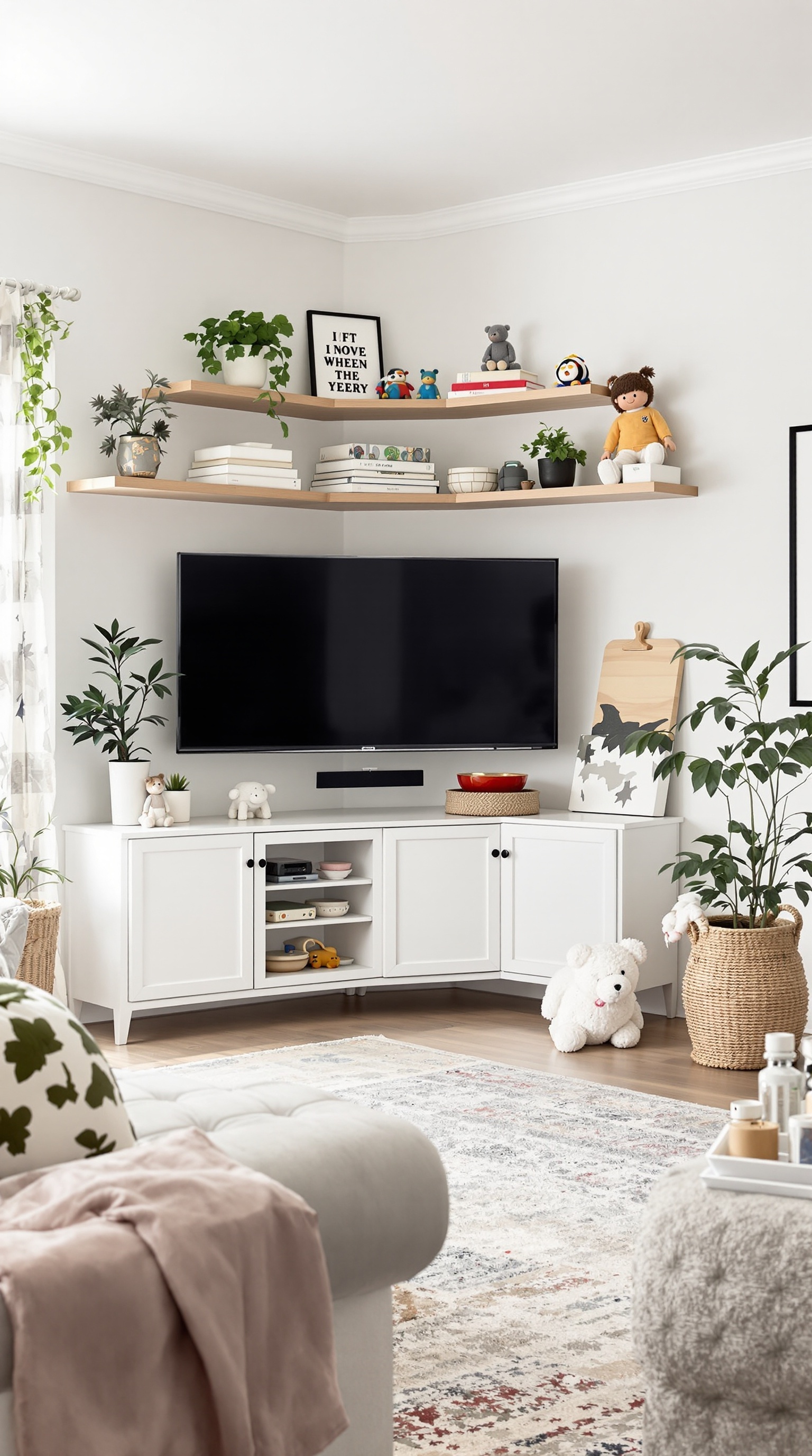 A living room with a TV and shelves displaying toys and plants, showcasing effective toy storage in a corner space.