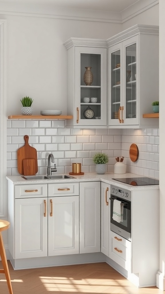 A small apartment kitchen featuring corner cabinetry, a sink, and decorative elements.