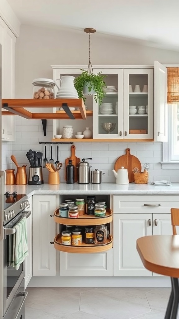 A modern kitchen featuring a lazy Susan in a corner cabinet, filled with jars and condiments.