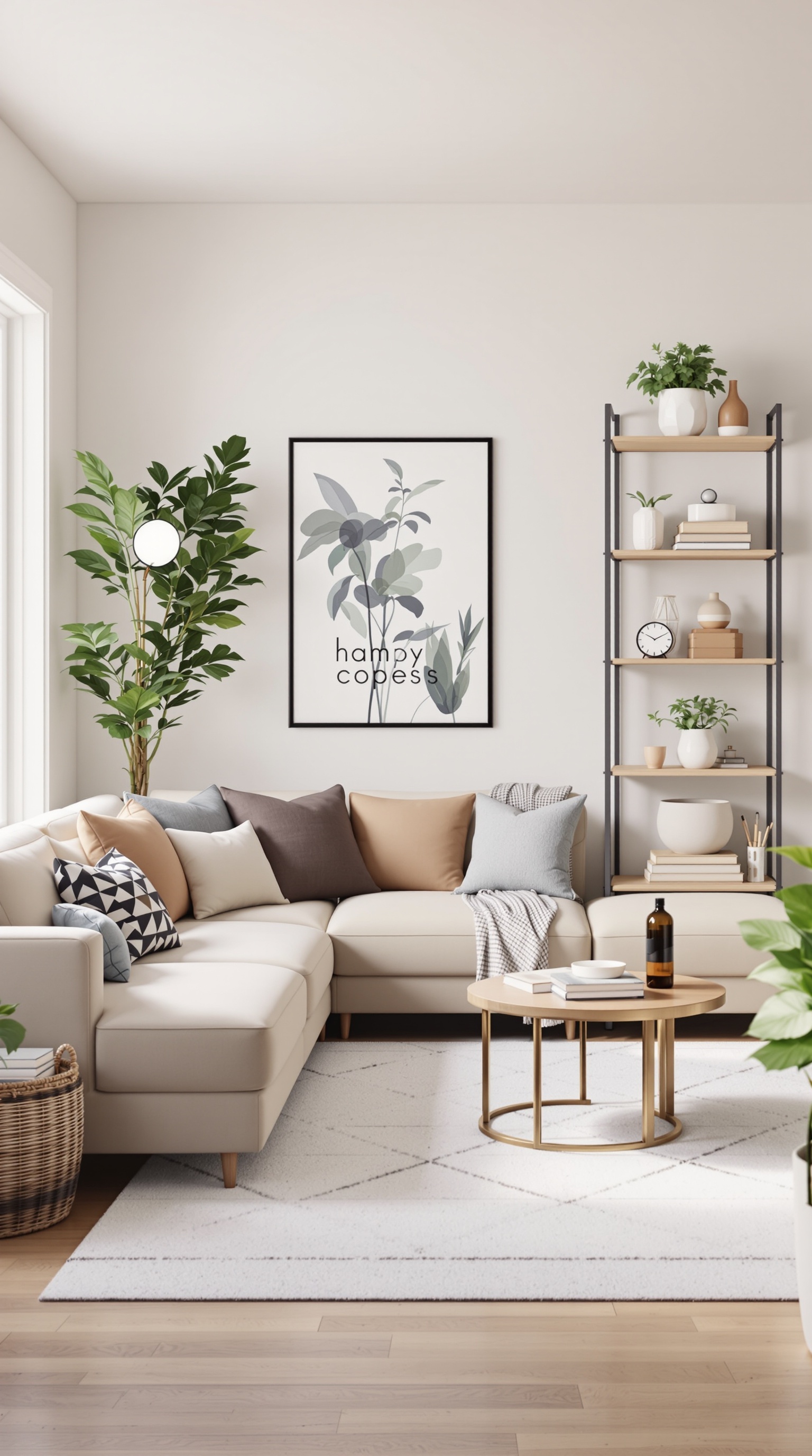 A cozy small family room featuring a corner sofa, round coffee table, and decorative shelves with plants.