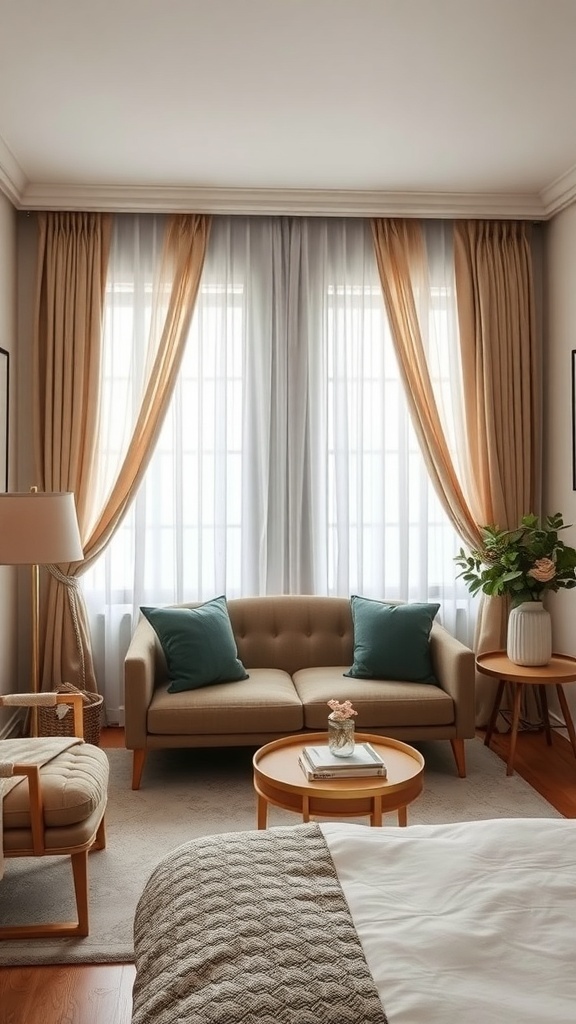 A cozy guest bedroom with layered curtains, a comfortable sofa, and a warm color palette.