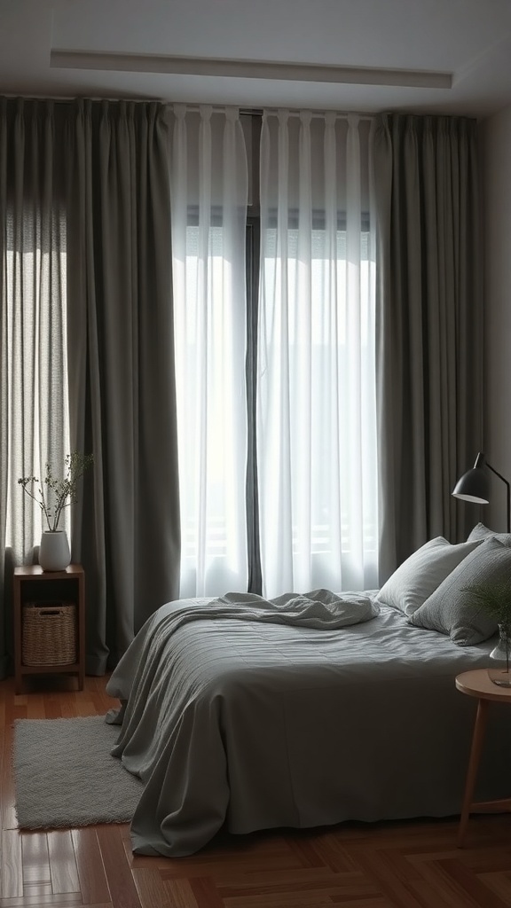 A cozy bedroom featuring layered curtains that filter light and provide privacy.