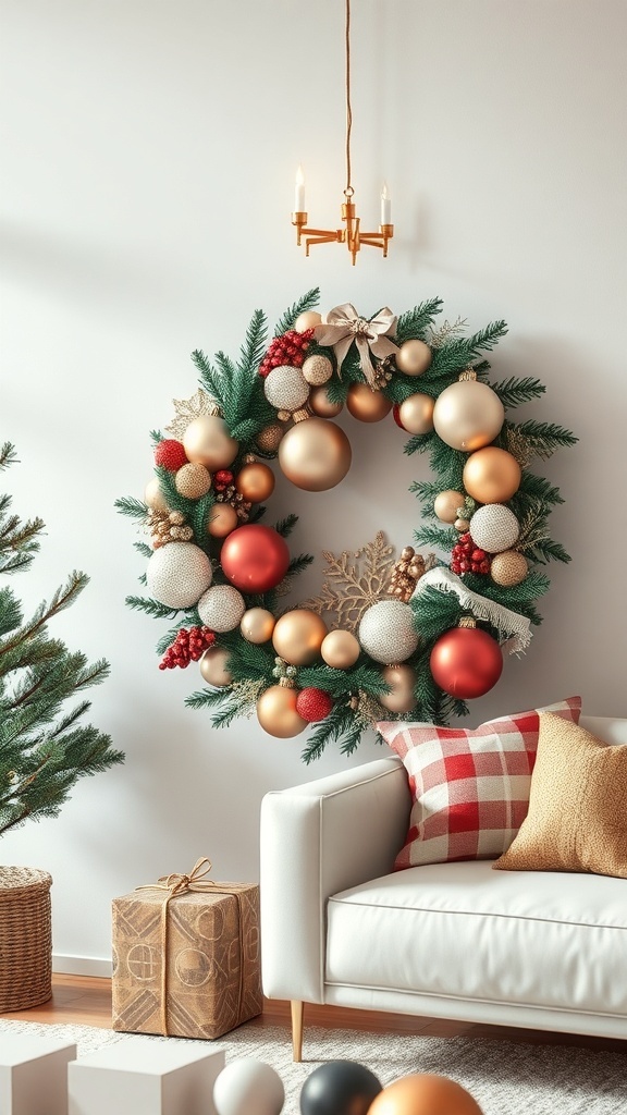 A beautifully decorated ornament wreath featuring a mix of red, gold, and white ornaments, displayed on a wall with a cozy living room setting.