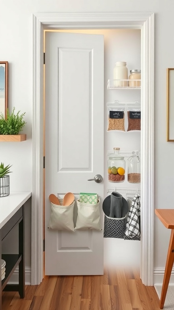 A pantry door with organized storage solutions including clear containers and fabric pockets.