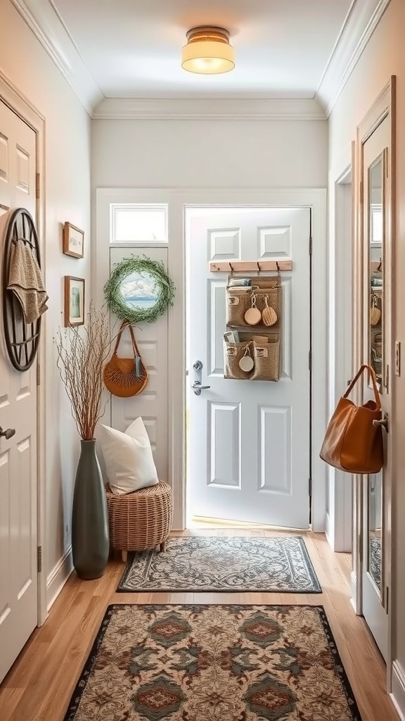 A stylish small entryway with wall-mounted storage, decorative elements, and a welcoming atmosphere.
