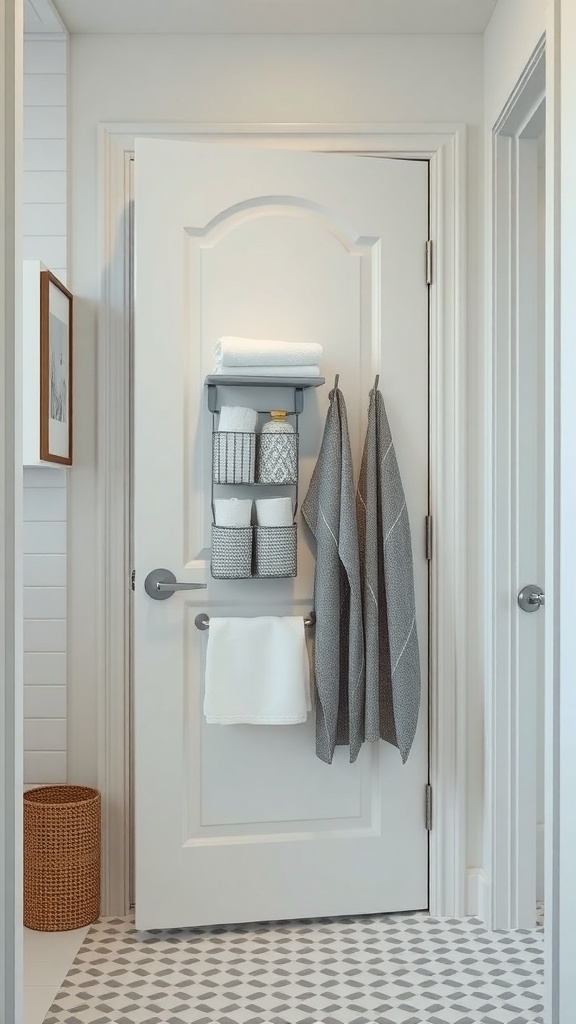 A bathroom door with a towel rack and storage baskets attached, showcasing efficient use of space.