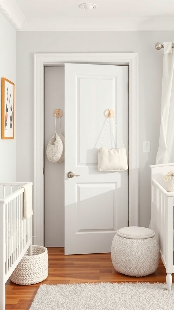 A small nursery with a door featuring hooks for storage, a crib, and decorative baskets.