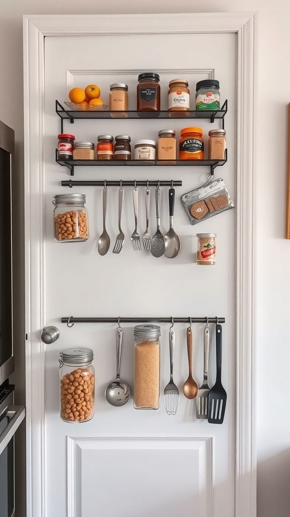A pantry door organized with shelves for jars and a rod for utensils, showcasing a neat and efficient storage solution.