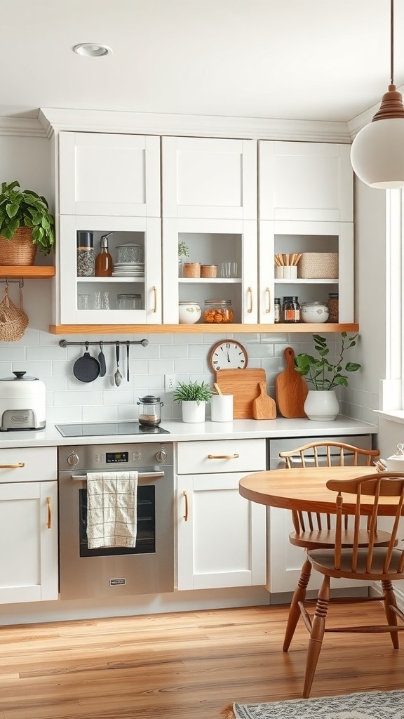 A small kitchen with white cabinets, showcasing organized door space with hanging utensils and plants.