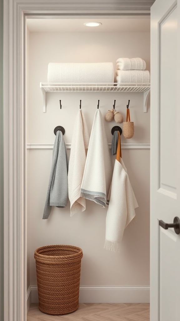 A bathroom closet featuring neatly arranged towels, hooks for throws, and a wicker basket for storage.